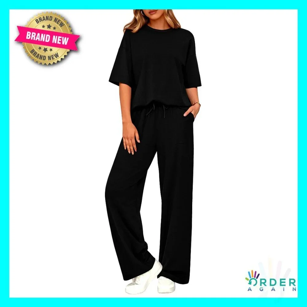 Two Piece Lounge Set Casual Short Sleeve Top Wide Leg Pants Matching Outfit